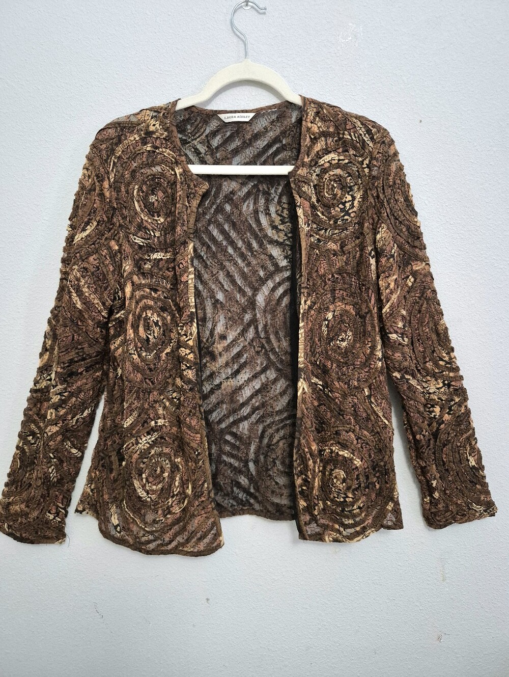 Laura Ashley Textured Geometric Spiral Swirl Open Front Jacket Brown M Artsy
